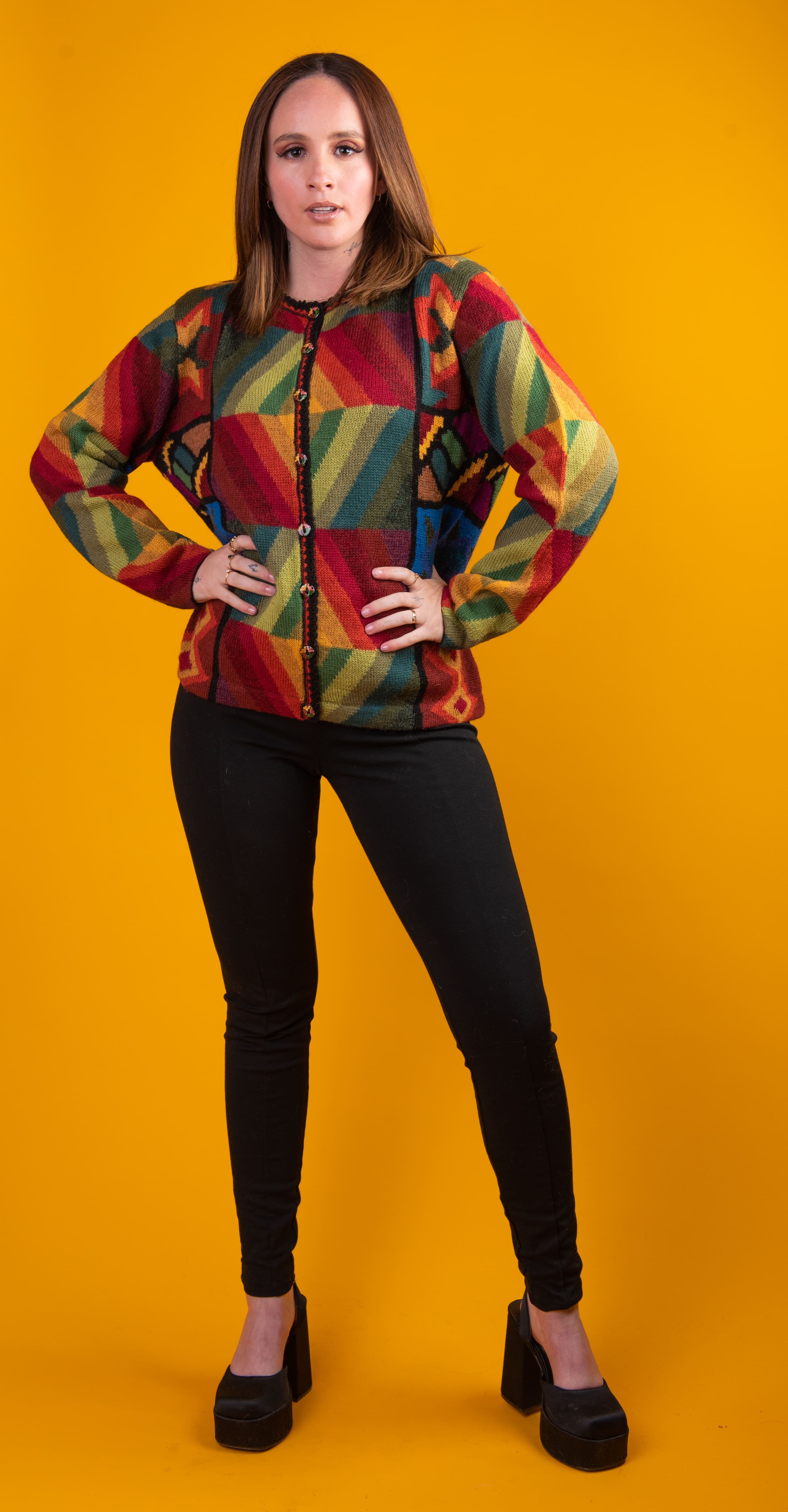 Garment: Rainbow Cardigan <br> Knitted in Flat Stitch <br> Composition: 100% Alpaca <br> Sizes: S, M, L, XL, XXL.